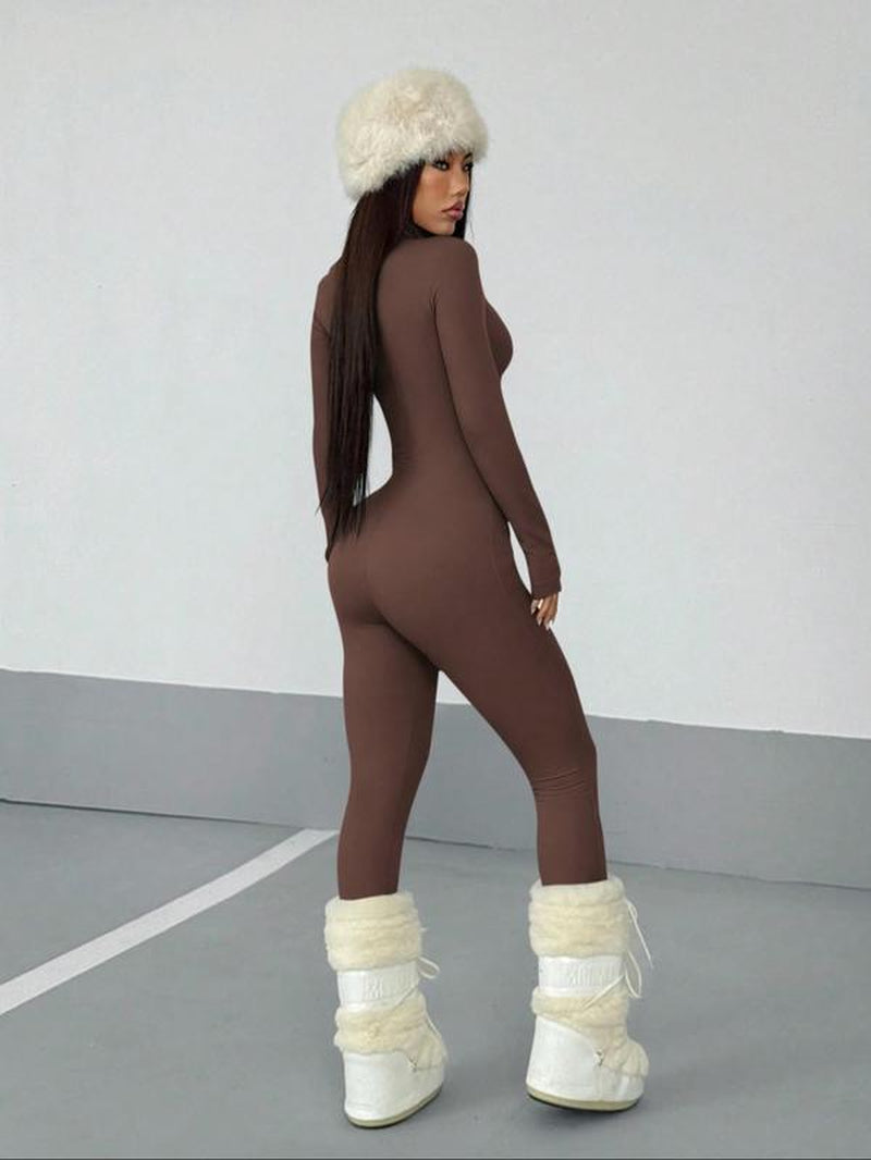 Women'S Fall Winter Street Style Solid Color Long Sleeve Half Zip Jumpsuit, Fashion Slim Fit Premium Fabric Skinny Pants