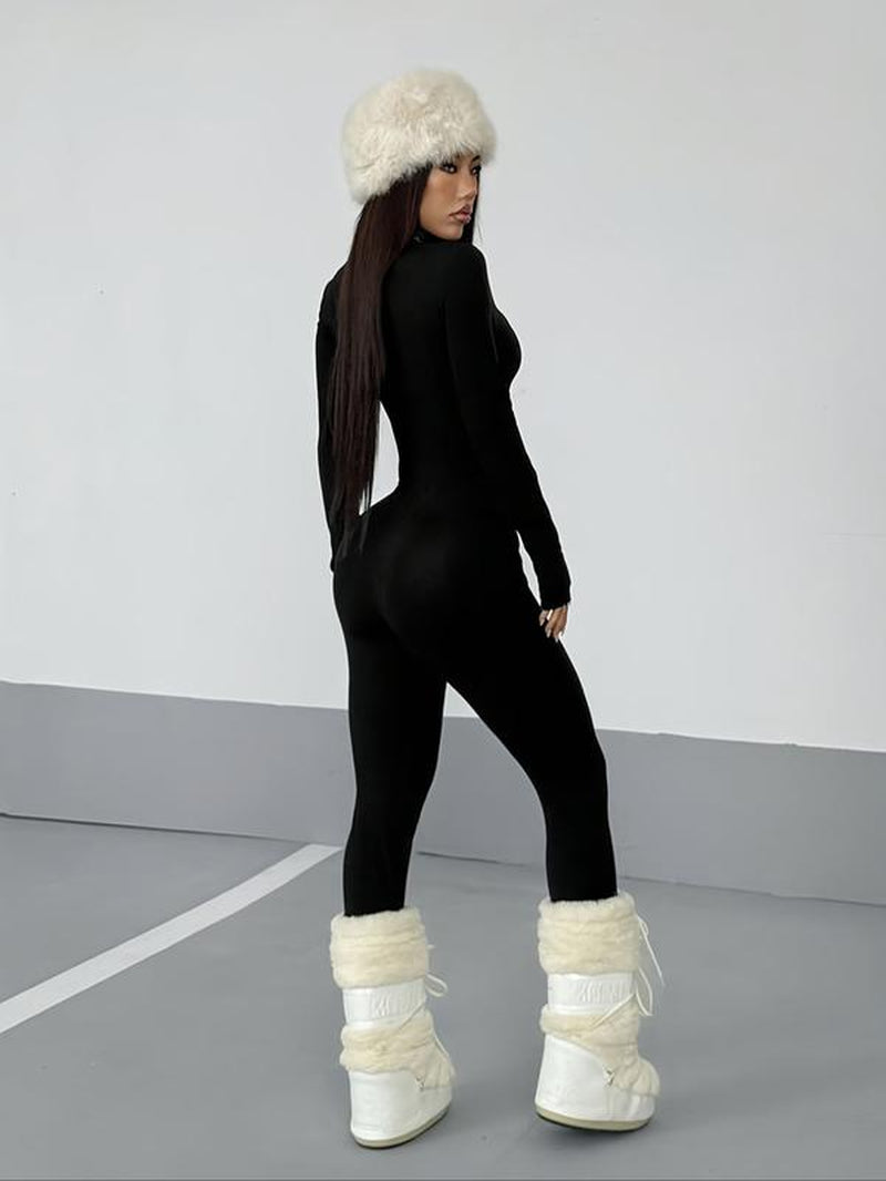 Women'S Fall Winter Street Style Solid Color Long Sleeve Half Zip Jumpsuit, Fashion Slim Fit Premium Fabric Skinny Pants