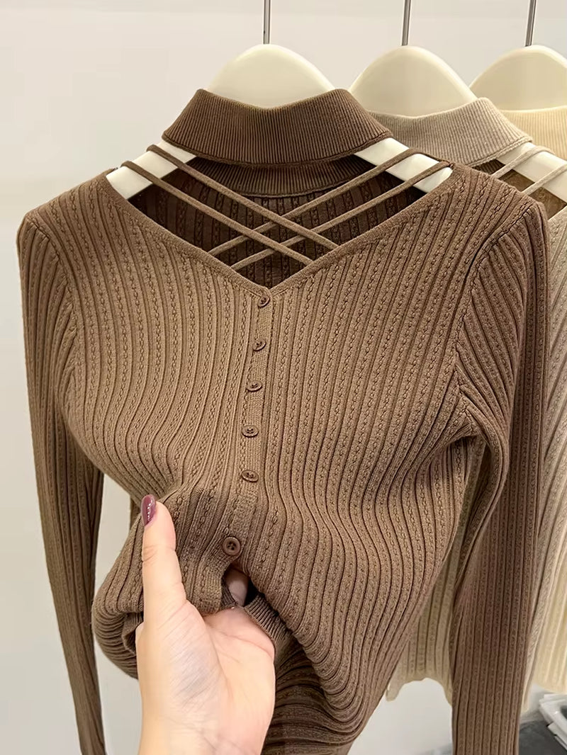 Sexy Hallow Out Halter Knitted Top for Women 2023 Autumn Solid Base Long Sleeve Bottoming Sweater Shirt