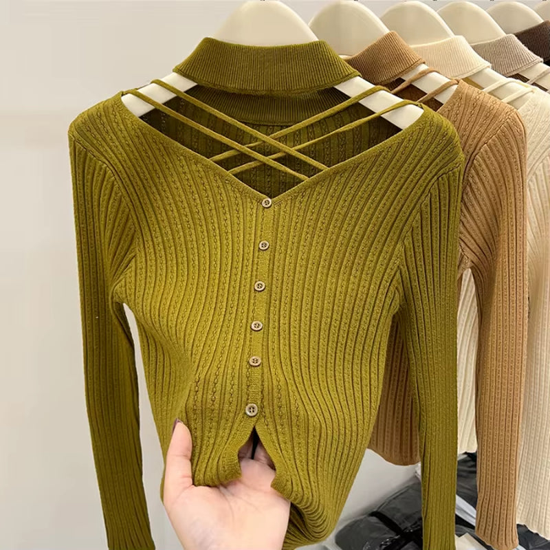 Sexy Hallow Out Halter Knitted Top for Women 2023 Autumn Solid Base Long Sleeve Bottoming Sweater Shirt