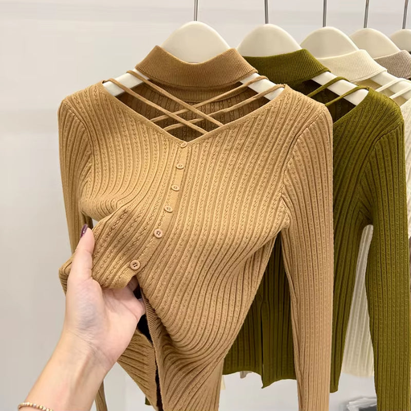 Sexy Hallow Out Halter Knitted Top for Women 2023 Autumn Solid Base Long Sleeve Bottoming Sweater Shirt