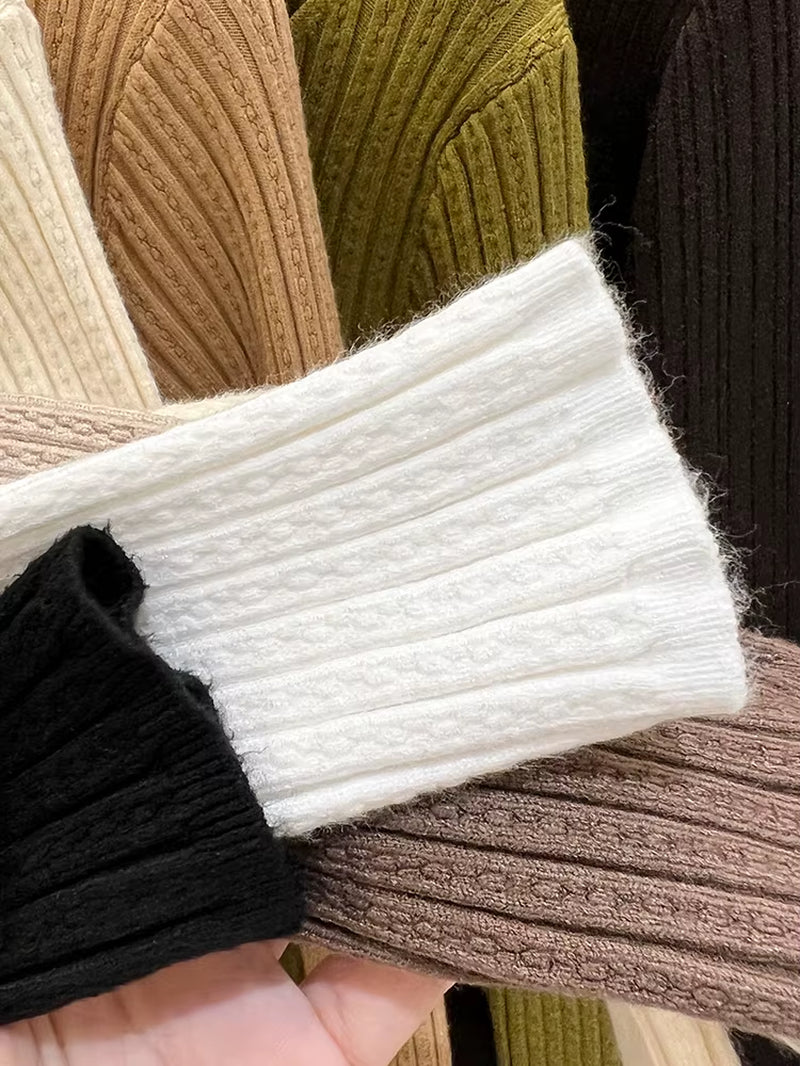 Sexy Hallow Out Halter Knitted Top for Women 2023 Autumn Solid Base Long Sleeve Bottoming Sweater Shirt