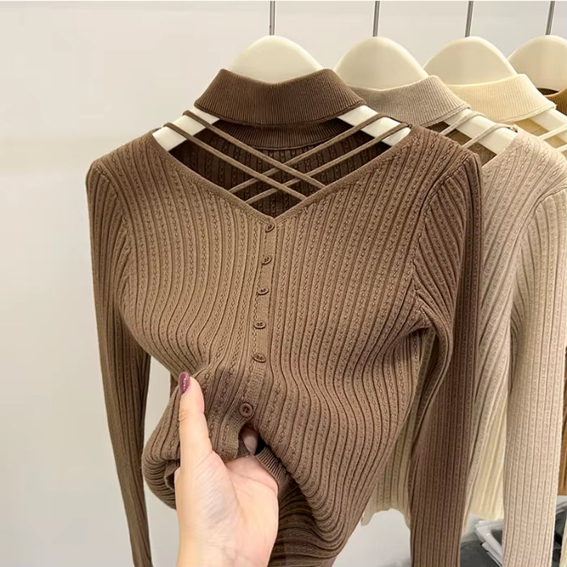 Sexy Hallow Out Halter Knitted Top for Women 2023 Autumn Solid Base Long Sleeve Bottoming Sweater Shirt