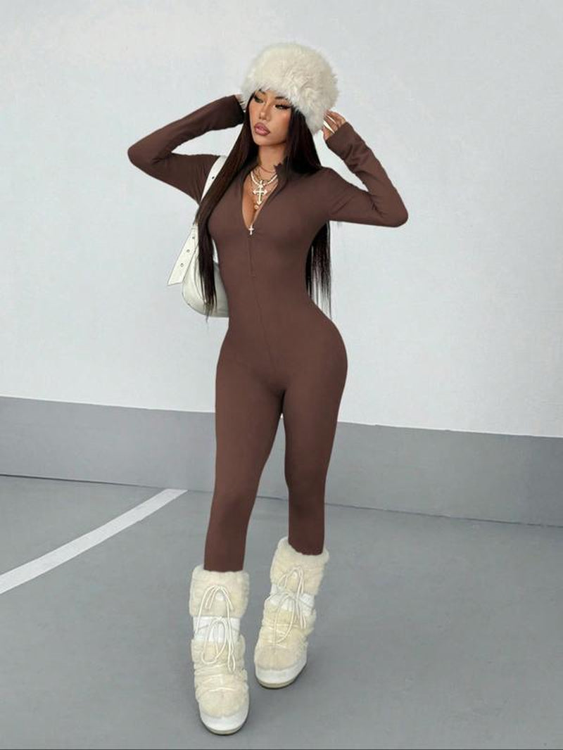 Women'S Fall Winter Street Style Solid Color Long Sleeve Half Zip Jumpsuit, Fashion Slim Fit Premium Fabric Skinny Pants