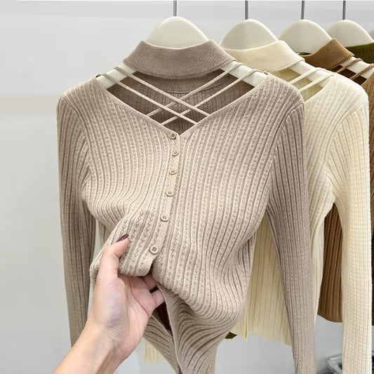 Sexy Hallow Out Halter Knitted Top for Women 2023 Autumn Solid Base Long Sleeve Bottoming Sweater Shirt