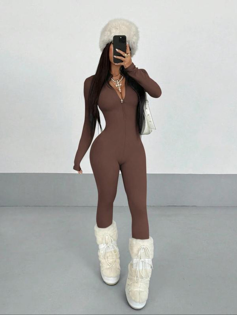 Women'S Fall Winter Street Style Solid Color Long Sleeve Half Zip Jumpsuit, Fashion Slim Fit Premium Fabric Skinny Pants