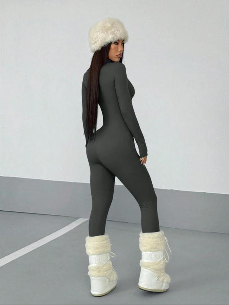 Women'S Fall Winter Street Style Solid Color Long Sleeve Half Zip Jumpsuit, Fashion Slim Fit Premium Fabric Skinny Pants