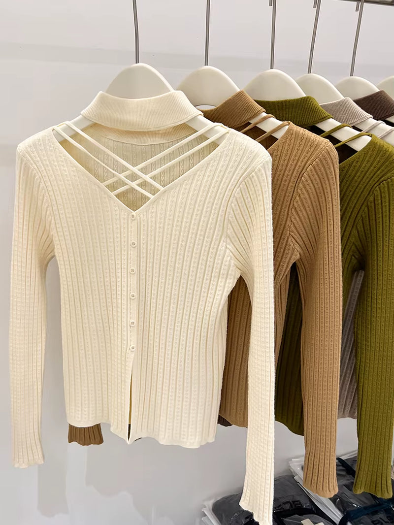 Sexy Hallow Out Halter Knitted Top for Women 2023 Autumn Solid Base Long Sleeve Bottoming Sweater Shirt