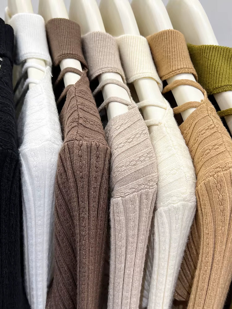 Sexy Hallow Out Halter Knitted Top for Women 2023 Autumn Solid Base Long Sleeve Bottoming Sweater Shirt