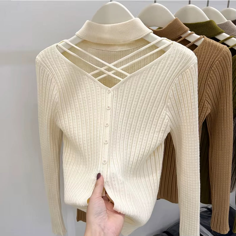 Sexy Hallow Out Halter Knitted Top for Women 2023 Autumn Solid Base Long Sleeve Bottoming Sweater Shirt